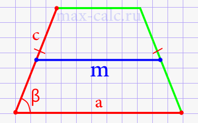 Средняя линия равнобедренной трапеции через боковую сторону, нижнее основание и угол между ними