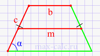Угол равнобедренной трапеции через среднию линию, верхнее основание и боковую сторону