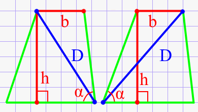 Диагональ трапеции через высоту, верхнее основание и угол при нижнем основание