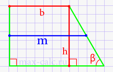 Средняя линия прямоугольной трапеции через верхнее основание, высоту и острый угол при нижнем основании