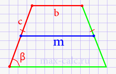 Средняя линия равнобедренной трапеции через боковую сторону, верхнее основание и угол при нижнем основании